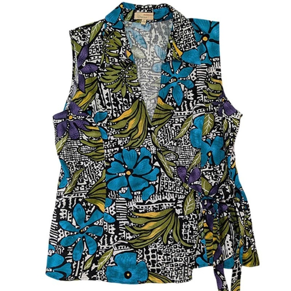 100%‎ Linen Boho Wrap Top Womens L Art Teacher Chic Coastal Y2K Resort Retro 90s